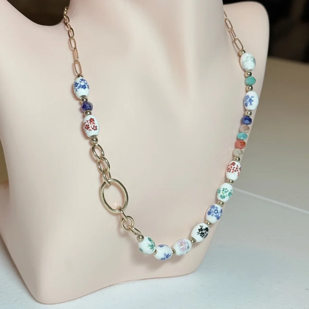 Multicolor Floral Porcelain Bead Necklace - Women Jewelry